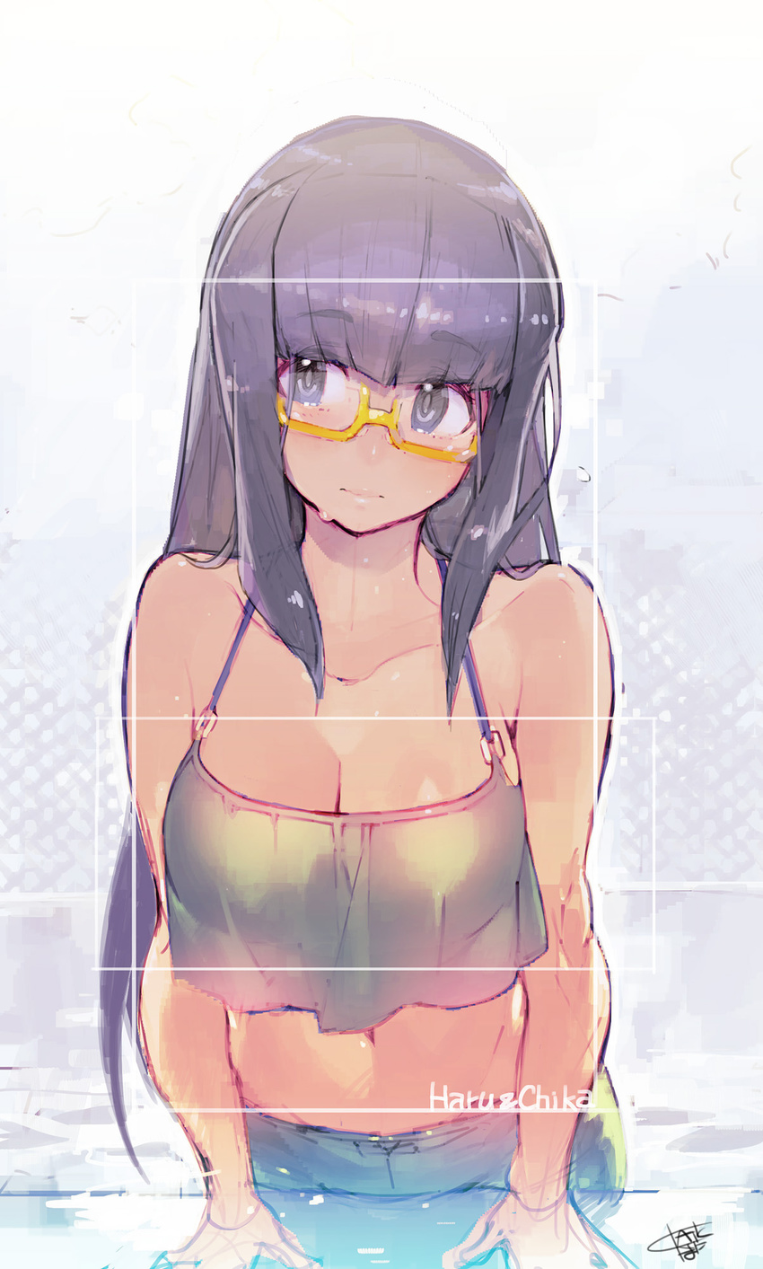 black_eyes black_hair breasts cleavage collarbone haruchika highres large_breasts namaniku_atk narushima_miyoko navel solo wet