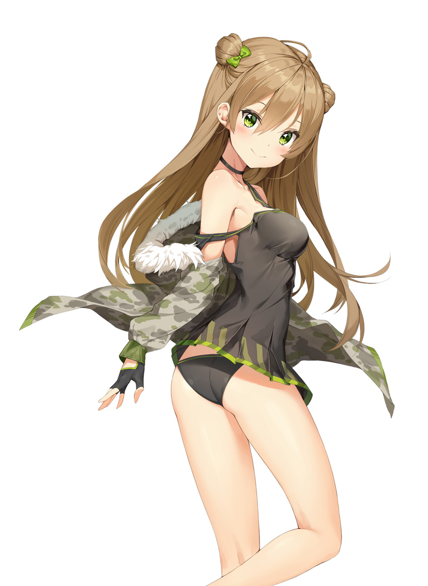ahoge ass bad_id bad_pixiv_id bangs black_camisole black_gloves black_panties blush bow breasts brown_hair camisole camouflage camouflage_jacket closed_mouth commentary double_bun fingerless_gloves from_behind fur_trim girls_frontline gloves green_bow green_eyes hair_between_eyes hair_bow highres jacket kneepits long_hair looking_at_viewer looking_back medium_breasts mokew open_clothes open_jacket panties revision rfb_(girls_frontline) sidelocks simple_background smile solo strap_slip thighs tsurime underwear white_background