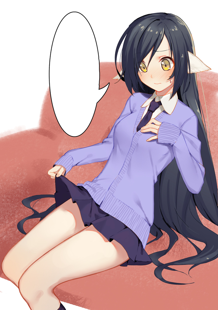 absurdres animal_ears black_hair black_legwear black_skirt blush cardigan closed_mouth couch embarrassed hand_on_own_chest highres icarus_(632247131) kneehighs kuon_(utawareru_mono) long_hair looking_down miniskirt necktie nose_blush purple_sweater sitting skirt skirt_lift sleeves_past_wrists solo speech_bubble sweatdrop sweater utawareru_mono utawareru_mono:_itsuwari_no_kamen very_long_hair