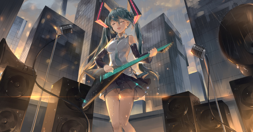 absurdres amplifier bad_id bad_pixiv_id bangs between_breasts black_skirt blue_hair blue_neckwear blush breasts city closed_eyes commentary detached_sleeves electric_guitar evening flying_v guitar hair_between_eyes hatsune_miku highres holding holding_instrument instrument lens_flare long_hair maya_g medium_breasts microphone microphone_stand music necktie open_mouth outdoors playing_instrument pleated_skirt rain sidelocks skirt smile solo standing twintails very_long_hair vocaloid wet