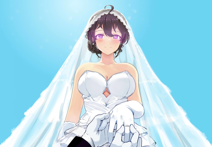 absurdres ahoge bare_shoulders beifeng_han black_hair blue_background blush breasts cleavage dress glowing glowing_eyes hair_between_eyes highres jewelry large_breasts looking_at_viewer miyaura_sanshio original out_of_frame outstretched_arm pov pov_hands purple_eyes putting_on_jewelry ring smile strapless strapless_dress veil wedding_dress wedding_ring