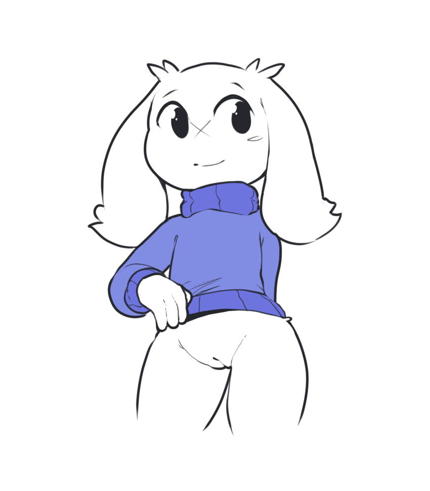 anthro bottomless cave_story clothed clothing female fur hi_res itsunknownanon lagomorph mammal mimiga pussy scar simple_background smile solo standing sue_sakamoto video_games white_background white_fur