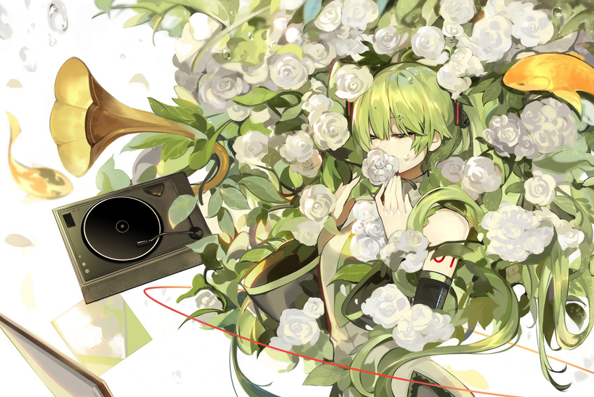 absurdly_long_hair blue_neckwear breasts closed_eyes facing_away flower green_hair hatsune_miku large_breasts long_hair necktie phonograph saberiii solo twintails very_long_hair vocaloid