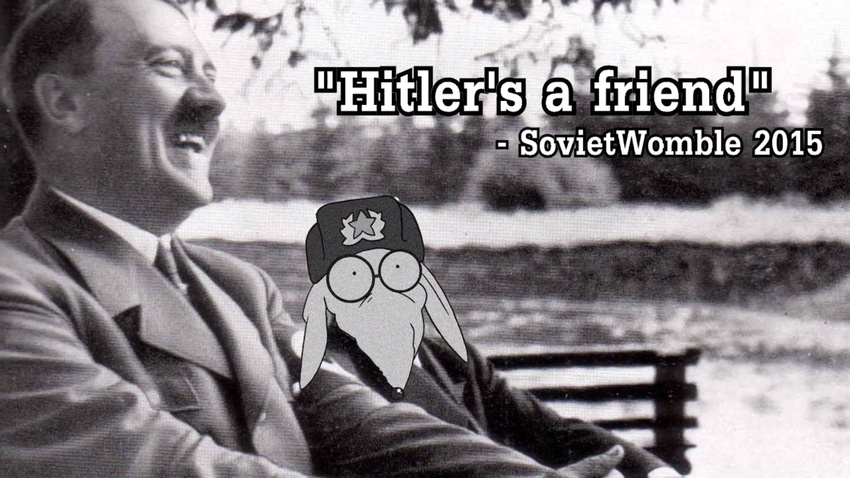 2015 adolf_hitler bench blazer child clothing communism edit eyewear facial_hair germany glasses happy hat human humor lake laugh mammal meme monochrome mustache nazi necktie papacha photo_manipulation politics public quote russia russian screencap shirt soviet_union sovietwomble sovietwomble_(artist) star teeth the_wombles tree womble young