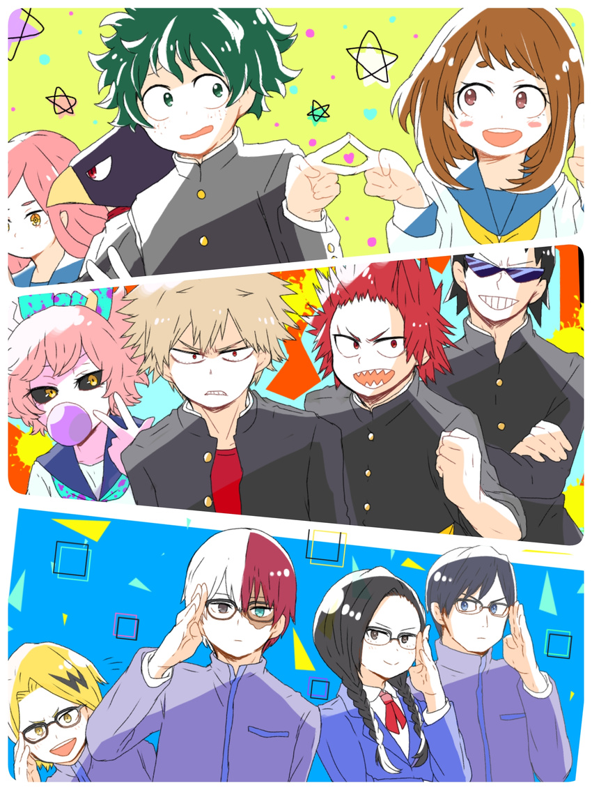 6+boys absurdres animal_head ashido_mina bad_id bad_pixiv_id bakugou_katsuki black_sclera blush_stickers boku_no_hero_academia chewing_gum don7no3 glasses hatsume_mei highres iida_tenya kaminari_denki kirishima_eijirou looking_at_viewer midoriya_izuku multiple_boys multiple_girls school_uniform serafuku sero_hanta smile sunglasses uraraka_ochako yaoyorozu_momo