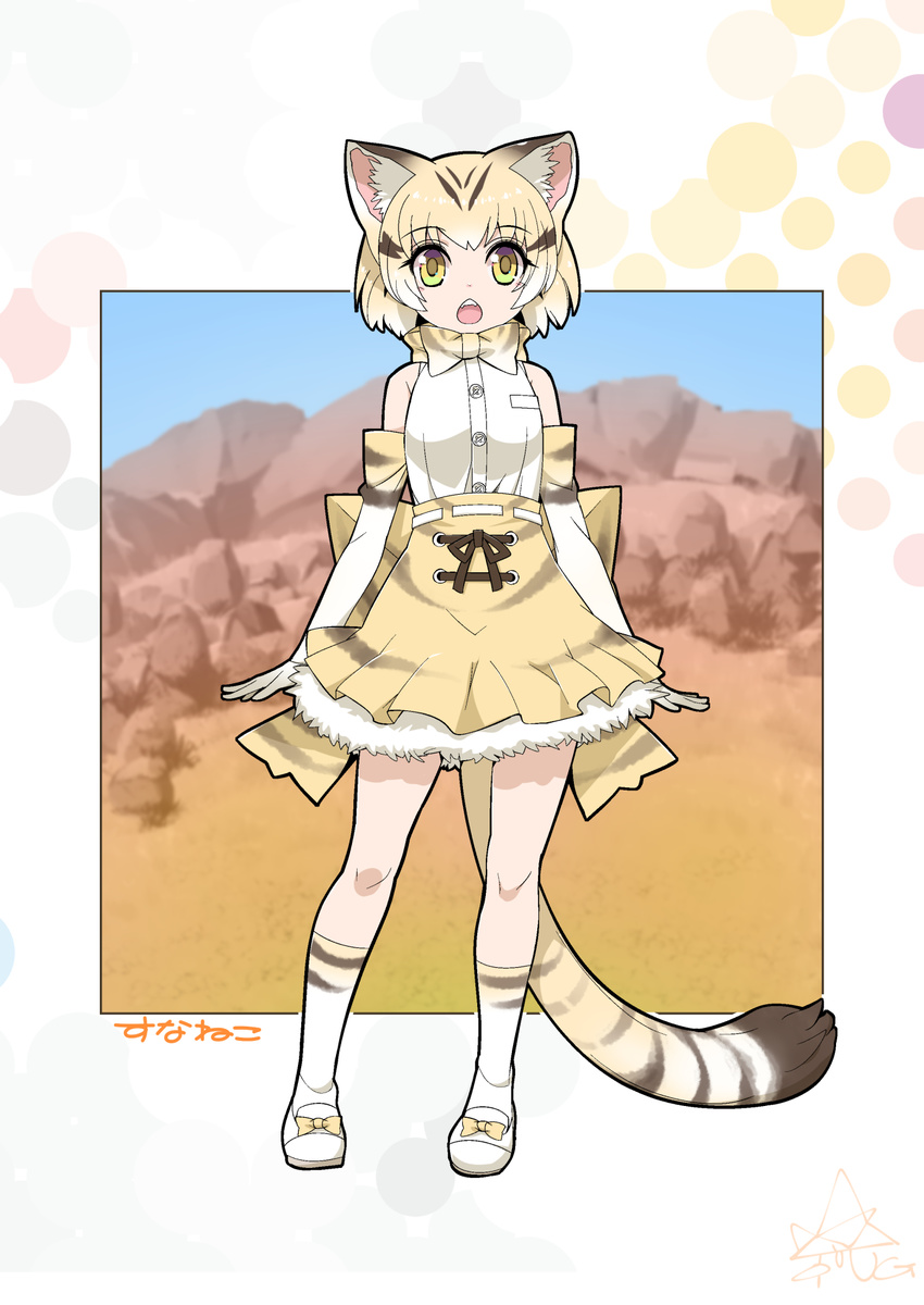 animal_ears bare_shoulders blonde_hair blush bow bowtie cat_ears cat_tail commentary_request elbow_gloves eyebrows_visible_through_hair gloves highres kemono_friends multicolored_hair open_mouth sand_cat_(kemono_friends) sand_cat_print shirt short_hair skirt sleeveless solo striped_tail tail umigarasu_(kitsune1963) yellow_eyes