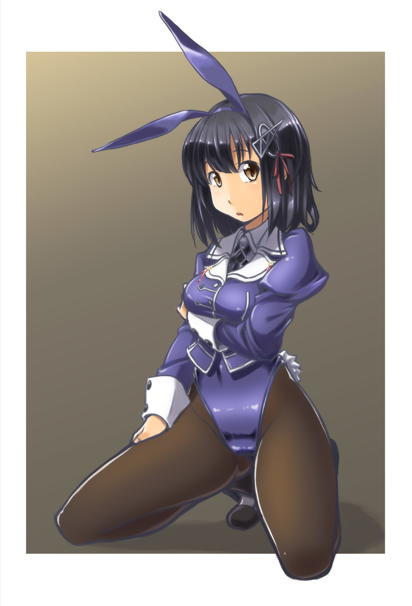 absurdres adapted_costume alto-00 animal_ears black_hair brown_eyes brown_legwear bunny_ears bunny_tail bunnysuit haguro_(kantai_collection) hair_ornament highres kantai_collection kneeling leotard looking_at_viewer md5_mismatch pantyhose purple_leotard short_hair solo tail