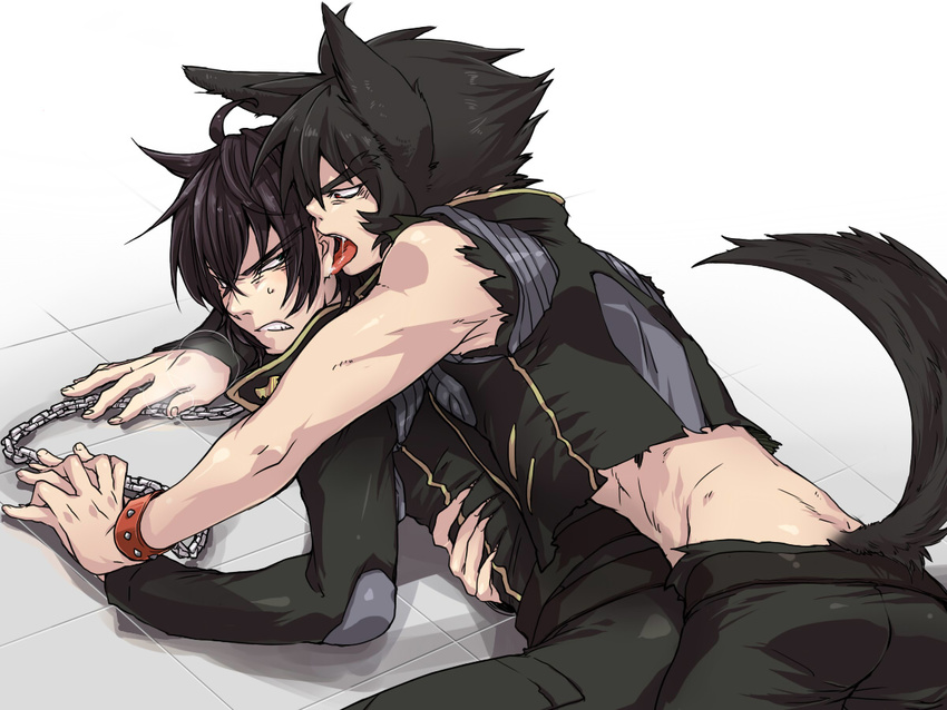 animal_ears annoyed bare_shoulders black_hair chain ear_licking kaidou_ken kemonomimi_mode licking looking_back magami_ryou male_focus mazinkaiser_skl midriff mihoka multiple_boys sleeveless spiked_hair studded_bracelet tail thick_eyebrows tile_floor tiles tongue tongue_out torn_clothes waist_hold wolf_boy wolf_ears wolf_tail yaoi