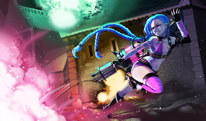 1girl absurdly_long_hair ammunition ammunition_belt arm_strap arm_tattoo asymmetrical_gloves bare_shoulders belt belt_buckle bikini_top blue_hair boots braid buckle bullet bullet_necklace elbow_gloves fingerless_gloves gloves jinx_(league_of_legends) league_of_legends lipstick long_hair mismatched_gloves necklace pink_eyes pink_legwear short_shorts shorts single_thighhigh smile solo stomach_tattoo tattoo thigh_strap thighhighs twin_braids very_long_hair weapons