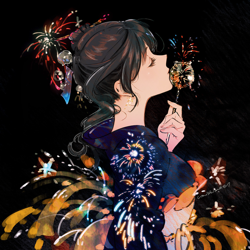 black_background black_hair blue_kimono closed_eyes closed_mouth commentary facing_away fireworks from_side highres holding japanese_clothes kimono obi original profile sash signature simple_background solo umishima_senbon