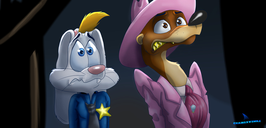 anthro buckteeth chainsxwsmile clenched_teeth disney duo lagomorph leaning leaning_back male mammal mustelid police_officer rabbit roger_rabbit scared smarty_weasel teeth weasel whiskers who_framed_roger_rabbit wide_eyed