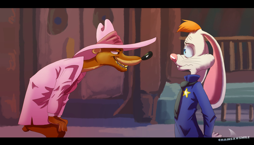 anthro bottomless chainsxwsmile clothed clothing disney duo eye_contact grin hands_on_knees lagomorph leaning leaning_forward letterbox male mammal mustelid nervous police_officer rabbit roger_rabbit side_view signature smarty_weasel smile weasel whiskers who_framed_roger_rabbit