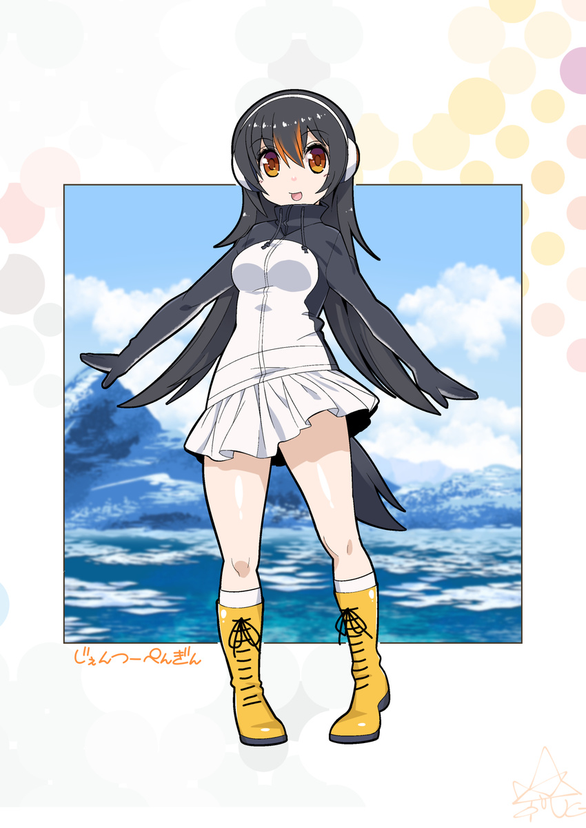 black_hair blush boots breasts brown_eyes commentary_request gentoo_penguin_(kemono_friends) headphones highres jacket kemono_friends long_hair medium_breasts multicolored_hair penguin_tail penguins_performance_project_(kemono_friends) tail umigarasu_(kitsune1963)