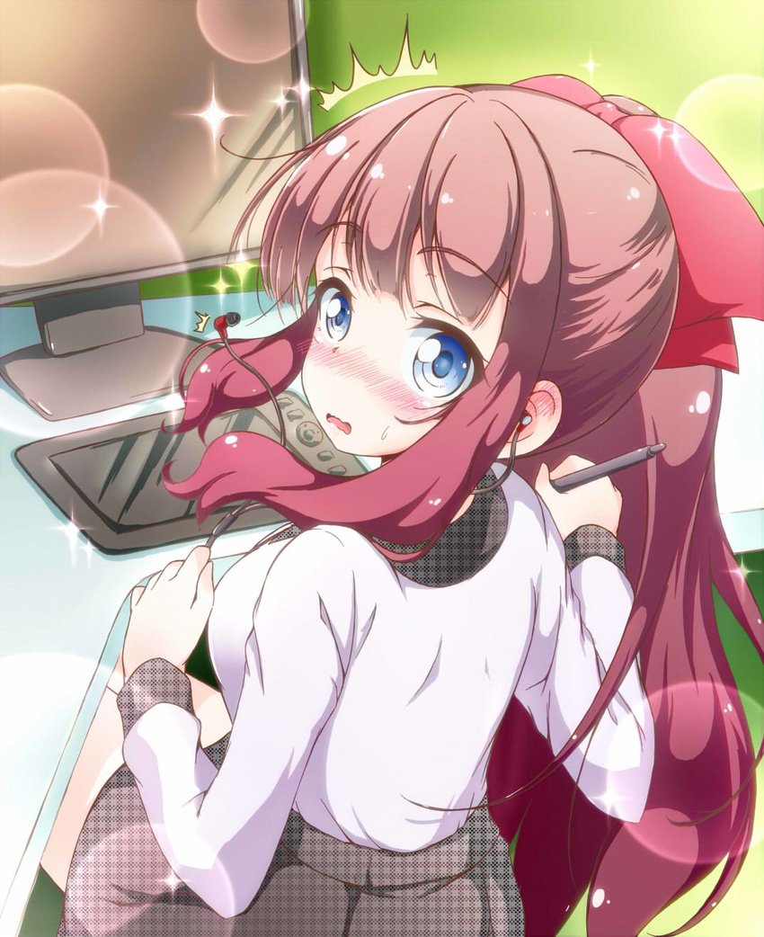 1girl banderasu blue_eyes blush bow brown_hair earphones eyebrows_visible_through_hair from_behind grey_skirt hair_bow highres holding holding_stylus long_hair looking_at_viewer looking_back miniskirt new_game! open_mouth ponytail red_bow shirt single_earphone_removed sitting skirt solo sparkle sweatdrop tablet takimoto_hifumi wavy_mouth white_shirt