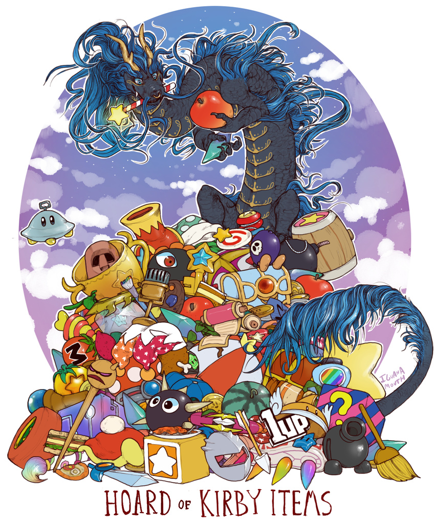 ambiguous_gender claws dragon eastern_dragon english_text feral fur hi_res hoard holding_object iguanamouth kirby_(series) long_neck long_tail nintendo pile quadruped scales scalie signature sitting solo text video_games