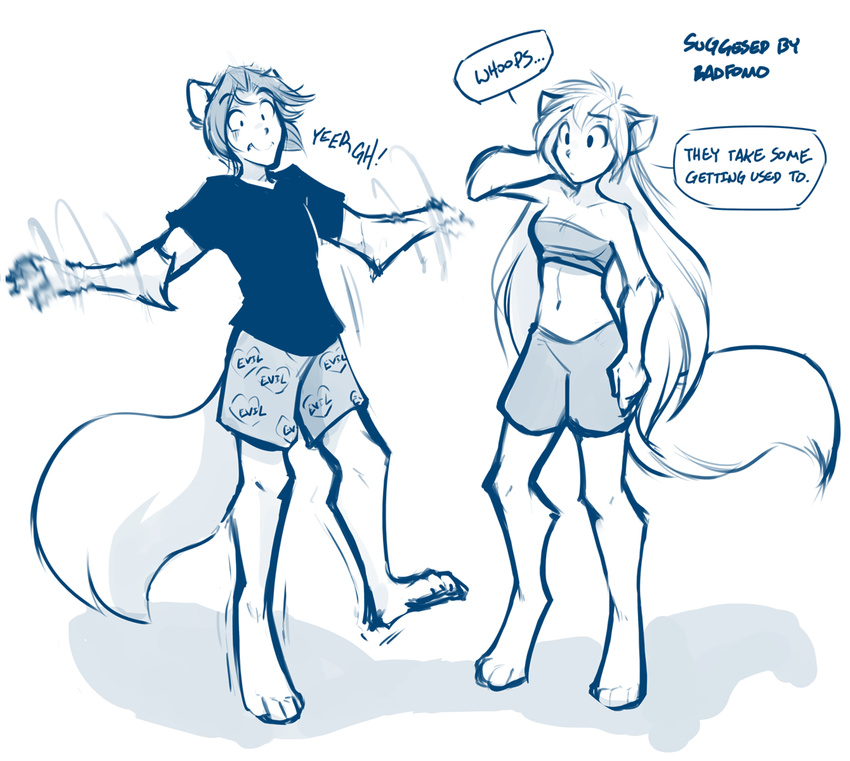 2017 animal_humanoid canine clothed clothing database_error_(twokinds) dialogue digitigrade duo english_text female hair hand_behind_head humanoid long_hair male mammal midriff monochrome raine_(twokinds) shorts simple_background sketch stumbling text tom_fischbach twokinds webcomic white_background wolf wolf_humanoid yelling