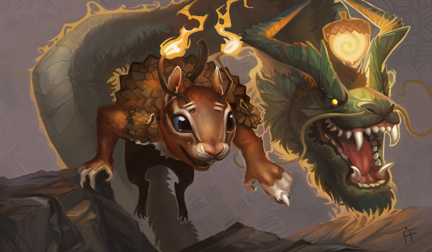 acorn alternate_species anthro brown_fur claws dragon duo eastern_dragon feral fire firefeathers front_view fur glowing green_fur green_scales horn jumping magic_the_gathering mammal multicolored_fur nut open_mouth parody pointing rodent scales sharp_teeth signature squirrel teeth tongue white_fur yellow_eyes