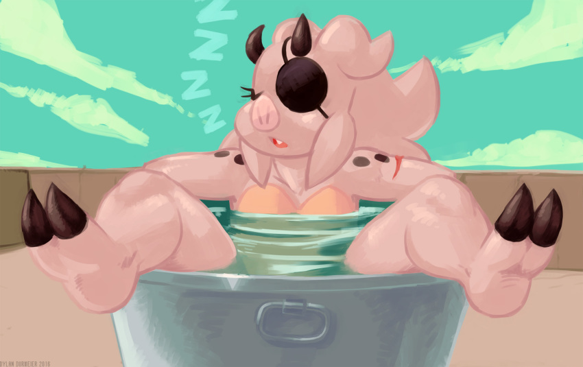 2_toes anthro bathing breasts convenient_censorship digital_media_(artwork) eye_patch eyewear female horn humanoid light_skin lucy_(legend_of_lucy) mammal nude orc pig porcine scar sleeping solo ssorobo the_legend_of_lucy toes water