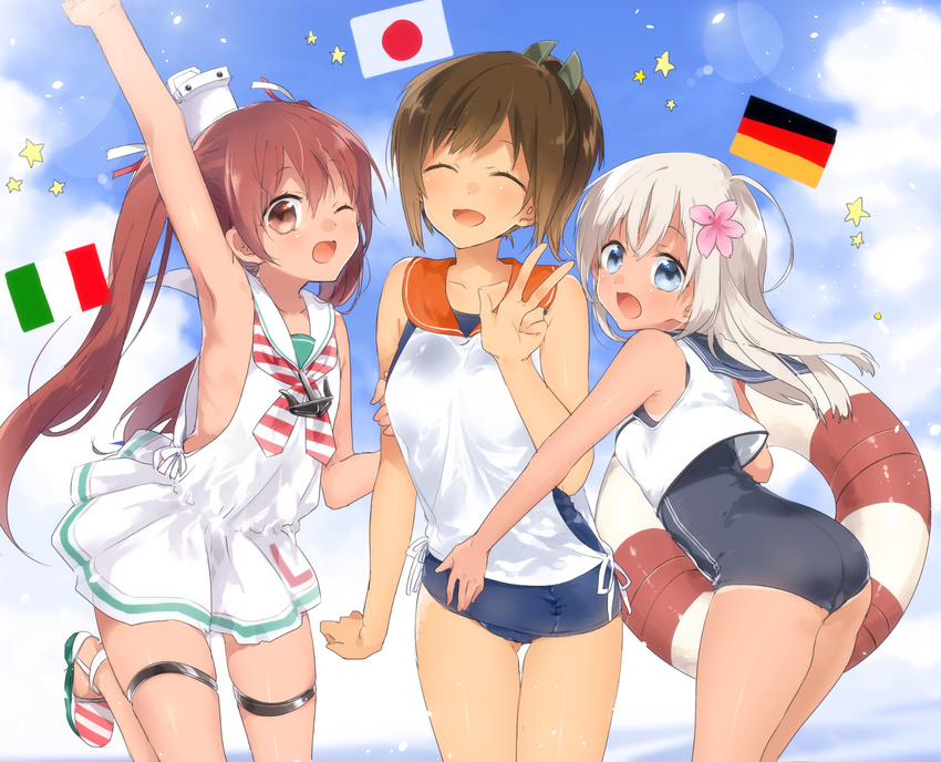 ass blonde_hair blue_eyes blue_swimsuit breasts brown_eyes brown_hair commentary_request dress flag flat_chest flower german_flag germany hair_flower hair_ornament hat highres i-401_(kantai_collection) italian_flag italy japan japanese_flag kantai_collection libeccio_(kantai_collection) lifebuoy long_hair medium_breasts multiple_girls one-piece_swimsuit revision ro-500_(kantai_collection) sailor_dress school_swimsuit sino_(sionori) small_breasts swimsuit tan twintails v