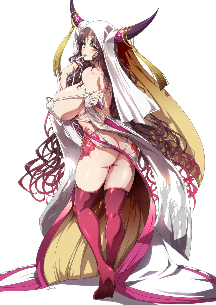 absurdres ass bare_shoulders blush boots breasts brown_eyes brown_hair butt_crack fate_(series) finger_to_mouth high_heel_boots high_heels highres horns huge_breasts long_hair looking_at_viewer looking_back purple_legwear q_azieru sesshouin_kiara simple_background smile solo thigh_boots thighhighs very_long_hair white_background