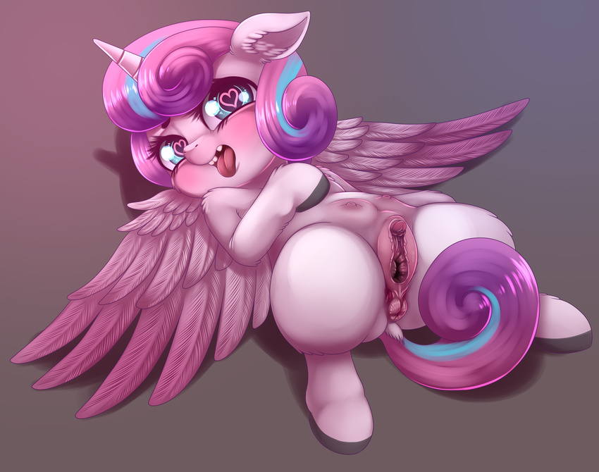 &lt;3 &lt;3_eyes 2017 anus blush clitoris dankflank equine feathered_wings feathers female flurry_heart_(mlp) friendship_is_magic fur hair hi_res horn mammal multicolored_hair my_little_pony open_mouth pussy solo tongue tongue_out two_tone_hair winged_unicorn wings young