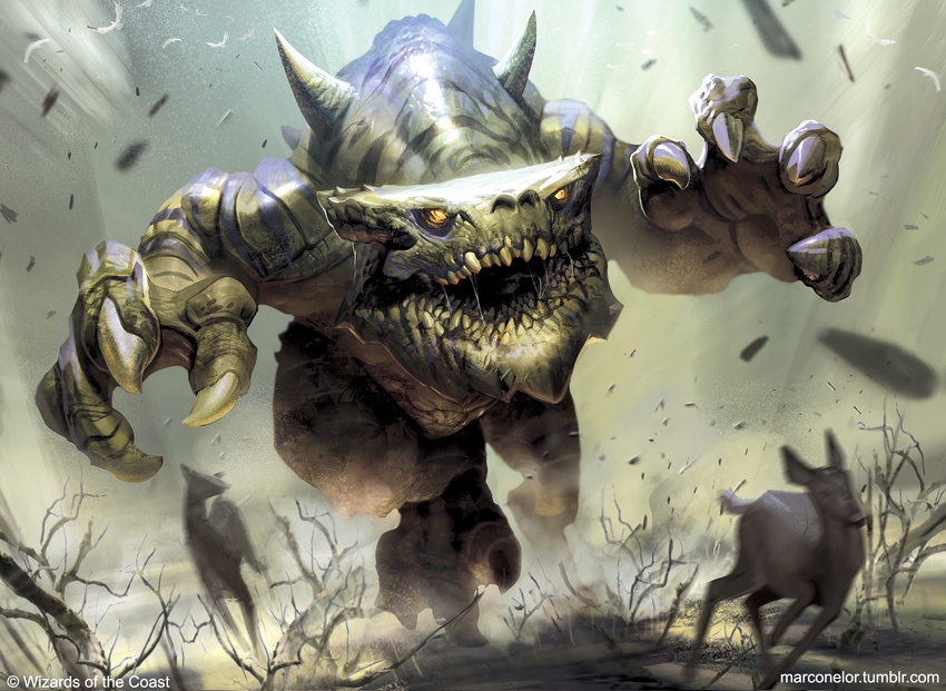 ambiguous_gender cervine chasing claws debris deer dutch_angle feral magic_the_gathering mammal marco_nelor monster official_art perspective plant running scalie signature size_difference solo_focus speed spines