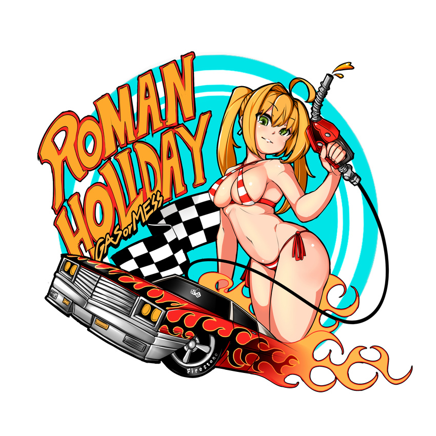 absurdres ahoge arched_back bangs bikini blonde_hair breasts car checkered checkered_flag criss-cross_halter earrings fate/grand_order fate_(series) flag gas_pump green_eyes ground_vehicle hair_intakes halterneck head_tilt highres jewelry long_hair looking_at_viewer medium_breasts motor_vehicle navel nero_claudius_(fate)_(all) nero_claudius_(swimsuit_caster)_(fate) parted_lips side-tie_bikini solo striped striped_bikini swimsuit twintails zx_(crespirit)