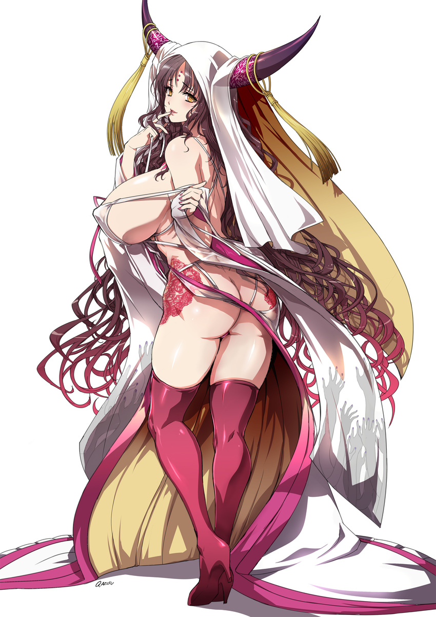 absurdres ass bare_shoulders blush boots breasts brown_eyes brown_hair butt_crack fate_(series) finger_to_mouth high_heel_boots high_heels highres horns huge_breasts long_hair looking_at_viewer looking_back purple_legwear q_azieru sesshouin_kiara simple_background smile solo thigh_boots thighhighs very_long_hair white_background