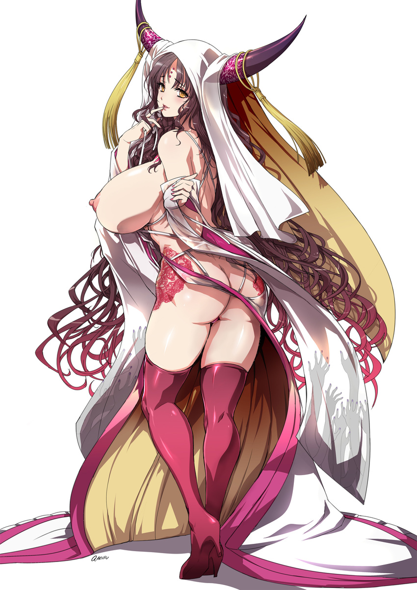 absurdres ass blush boots breasts brown_eyes brown_hair butt_crack fate_(series) finger_to_mouth high_heel_boots high_heels highres horns huge_breasts long_hair looking_at_viewer looking_back nipples purple_legwear q_azieru sesshouin_kiara simple_background smile solo thigh_boots thighhighs topless very_long_hair white_background