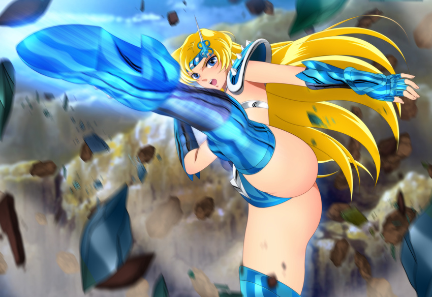 1girl absurdres amazon armor ass blonde_hair blue_armor blue_boots blue_eyes blue_gauntlets chameleon_june depth_of_field feet female fighting_stance fingerless_gauntlets floating_hair gauntlets hand_up highres kicking leg_up legs long_hair looking_at_viewer mountain open_mouth outdoors outstretched_arm pauldrons revealing_clothes rock round_teeth saint_seiya serious shiny shiny_armor shoulder_armor shoulder_pads sky solo spikes standing standing_on_one_leg teeth thigh_boots thighs tiara yadokari_genpachirou