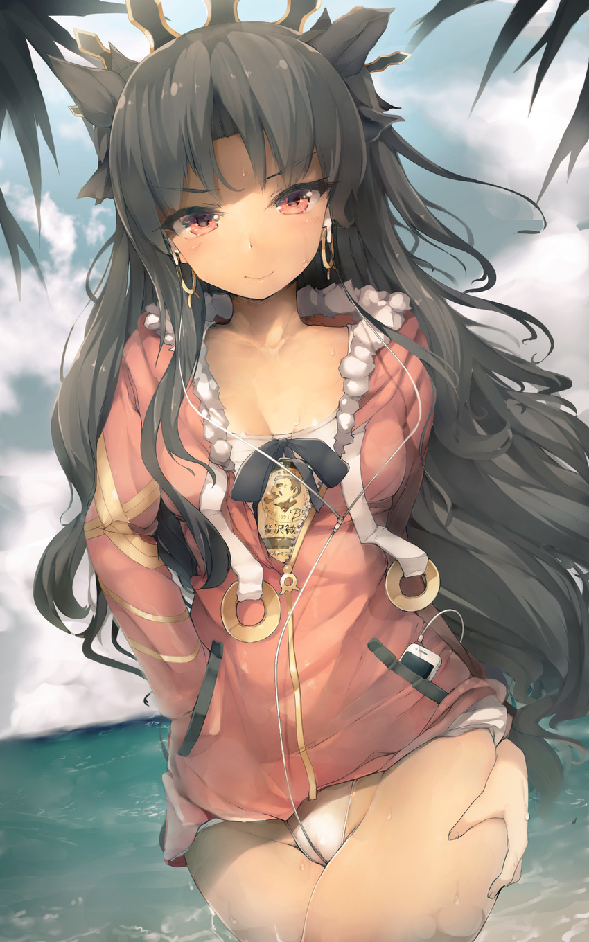 bangs black_hair blush boss_coffee closed_mouth cloud cloudy_sky commentary_request cowboy_shot day earphones earrings eyebrows_visible_through_hair fate/grand_order fate_(series) fur_trim hand_on_hip highleg highleg_swimsuit highres hoop ishtar_(fate/grand_order) ishtar_(swimsuit_rider)_(fate) jewelry long_hair looking_at_viewer miurahha ocean outdoors phone red_eyes sky solo standing sweat swimsuit thighs two_side_up white_swimsuit