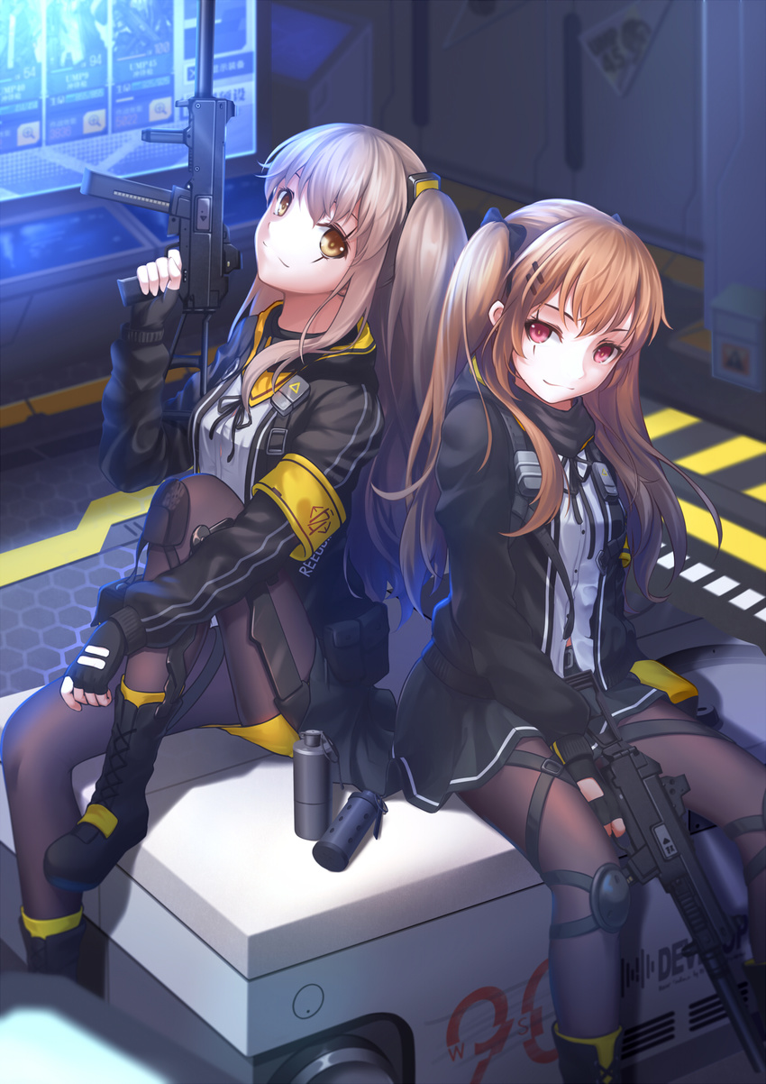 brown_eyes brown_hair fingerless_gloves flashbang girls_frontline gloves gun h&amp;k_ump heckler_&amp;_koch highres hood hooded_jacket jacket knee_pads lancefate long_hair looking_at_viewer magazine_(weapon) multiple_girls one_side_up pantyhose red_eyes scar scar_across_eye single_knee_pad skirt smile smoke_grenade submachine_gun suppressor two_side_up ump45_(girls_frontline) ump9_(girls_frontline) weapon