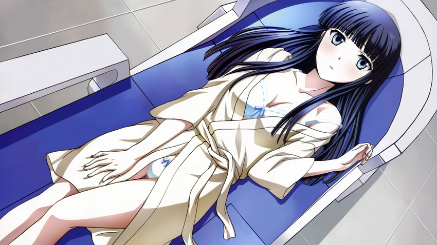 artist_request bare_shoulders bed black_hair blue_eyes blush bra cowboy_shot hand_on_thigh highres hime_cut hospital_bed looking_at_viewer lying mahouka_koukou_no_rettousei on_back open_mouth panties robe shiba_miyuki solo tile_floor tiles underwear white_bra white_panties