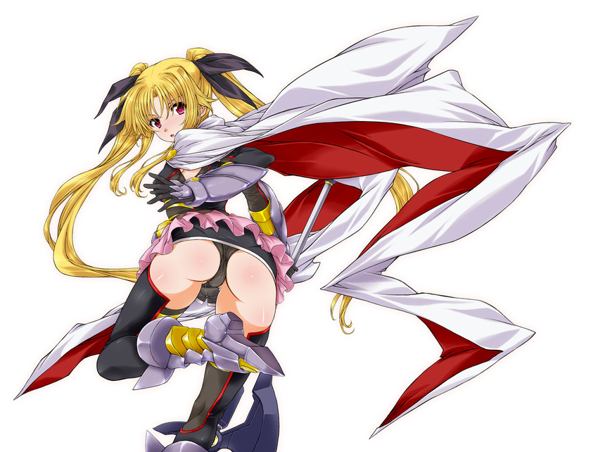 arched_back ass bardiche belt black_legwear blonde_hair blush boots cape commentary_request elbow_gloves fate_testarossa from_behind gauntlets gloves hair_ribbon highres leotard long_hair looking_at_viewer looking_back lyrical_nanoha magical_girl mahou_shoujo_lyrical_nanoha red_eyes ribbon shiny shiny_hair shiny_skin simple_background skirt solo thighhighs twintails very_long_hair white_background yashima_tetsuya