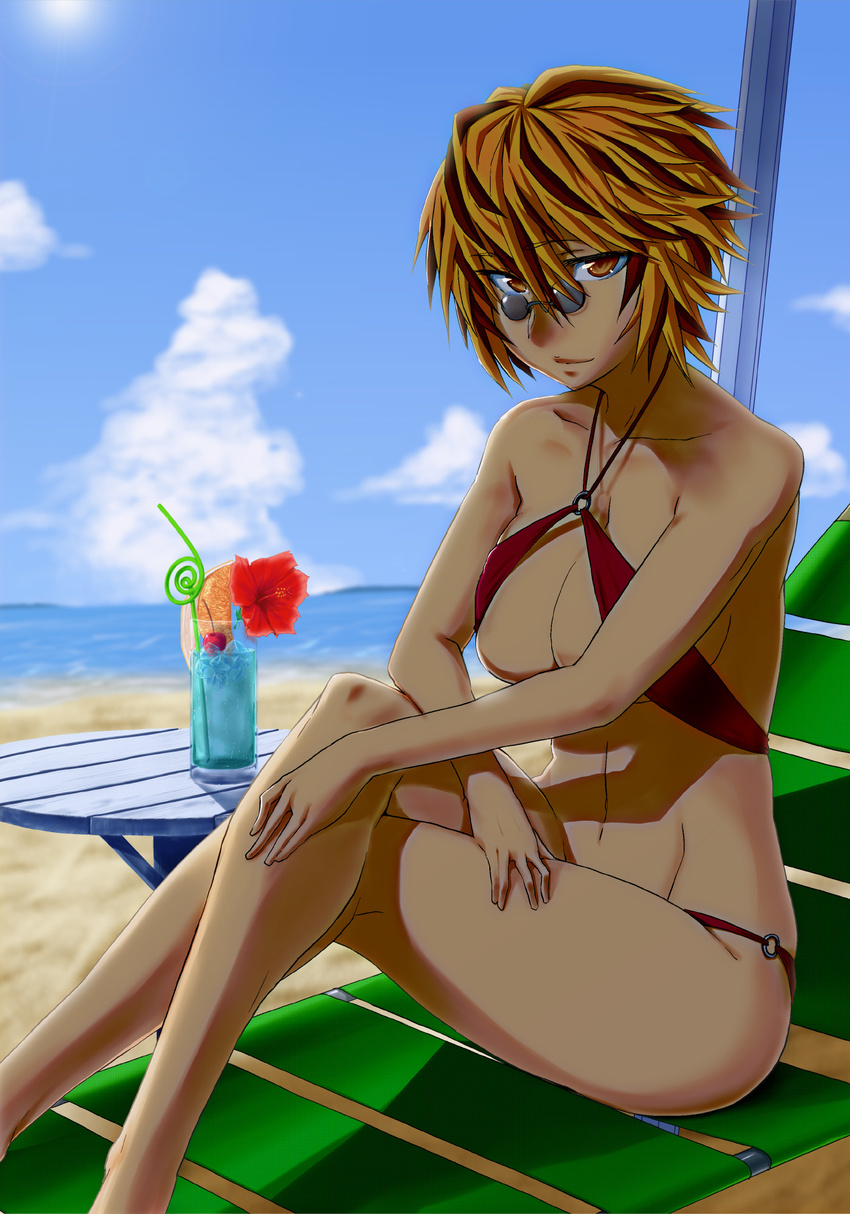 bare_arms bare_legs bare_shoulders beach beach_chair bikini blonde_hair blue_hawaii blue_sky breasts brown_eyes brown_hair cherry cleavage closed_mouth cloud collarbone commentary_request crossed_arms crossed_legs cup day drinking_glass drinking_straw eyebrows_visible_through_hair feet_out_of_frame flower food fruit genb hair_between_eyes halterneck hand_on_own_leg hand_on_own_thigh highres ice ice_cube knees_up large_breasts light_smile looking_at_viewer multicolored_hair navel ocean outdoors short_hair sitting sky solo stomach sunglasses swimsuit table toramaru_shou touhou tropical_drink tsurime two-tone_hair water