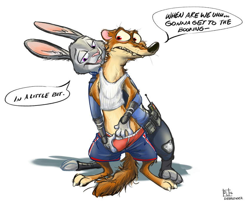 2016 anthro barefoot briefs bulge claws clothed clothing deerleader dialogue disney domination duke_weaselton duo english_text female female_domination front_view grope hand_in_underwear hands_behind_back inner_ear_fluff judy_hopps lagomorph male male/female mammal molestation mustelid nervous pants_down partially_clothed police police_uniform predator/prey purple_eyes rabbit red_eyes shirt signature simple_background smile speech_bubble standing tank_top text toe_claws underwear underwear_aside uniform unprofessional_behavior weasel whiskers white_background zootopia