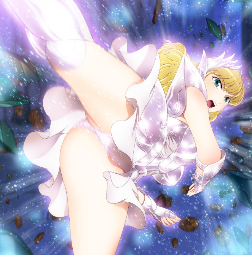 1girl armor ass bent_over blonde_hair breasts delphinus_mii fighting_stance from_below green_eyes highres large_breasts leg_up legs long_hair looking_at_viewer open_mouth panties pantyshot pantyshot_(standing) saint_seiya saint_seiya_saintia_sho serious shiny shiny_armor shoulder_pads skirt solo standing thighs tiara underwear white_skirt yadokari_genpachirou