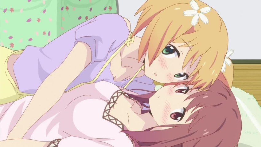 2girls bedroom blonde_hair blush breasts cleavage collarbone couple curtain floor flower green_eyes hair_ornament incipient_kiss looking_at_viewer lying medium_breasts multiple_girls no_bra official on_top_of_another pigtails pink_eyes pink_hair sakura_trick screencap small_breasts sonoda_yuu straddle takayama_haruka yuri