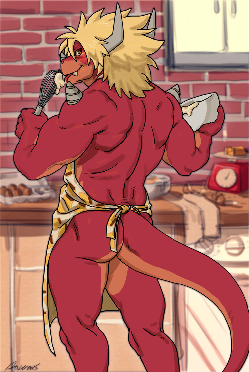 anthro apron back_muscles butt clothed clothing cooking digital_media_(artwork) dragon drum_(buddyfight) food future_card_buddyfight hair hi_res kitchen licking looking_back male muscular naked_apron partially_clothed rear_view rossciaco scalie signature solo tongue tongue_out