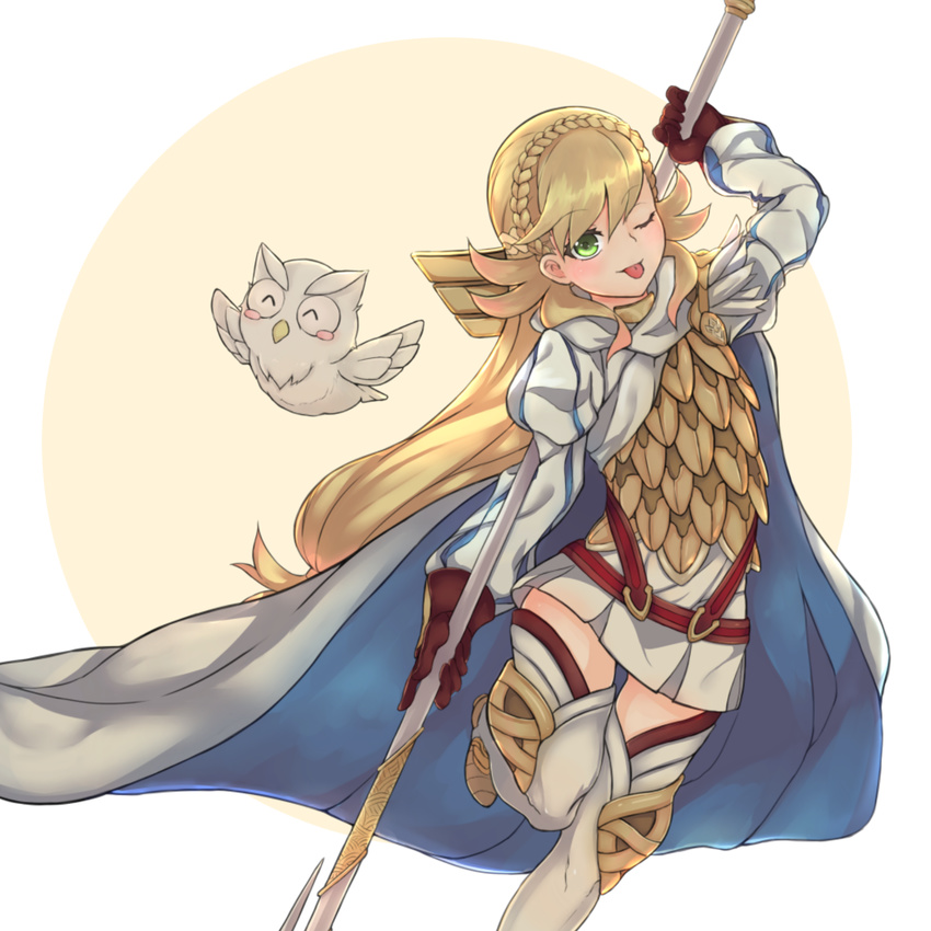 armor bad_id bad_pixiv_id bird blonde_hair boots braid cape closed_eyes feathered_wings feh_(fire_emblem_heroes) fire_emblem fire_emblem_heroes gloves highres long_hair low_ponytail miya_(pixiv15283026) multicolored_hair one_eye_closed owl pink_hair polearm sharena simple_background solo spear thigh_boots thighhighs tongue tongue_out two-tone_hair weapon white_background wings zettai_ryouiki