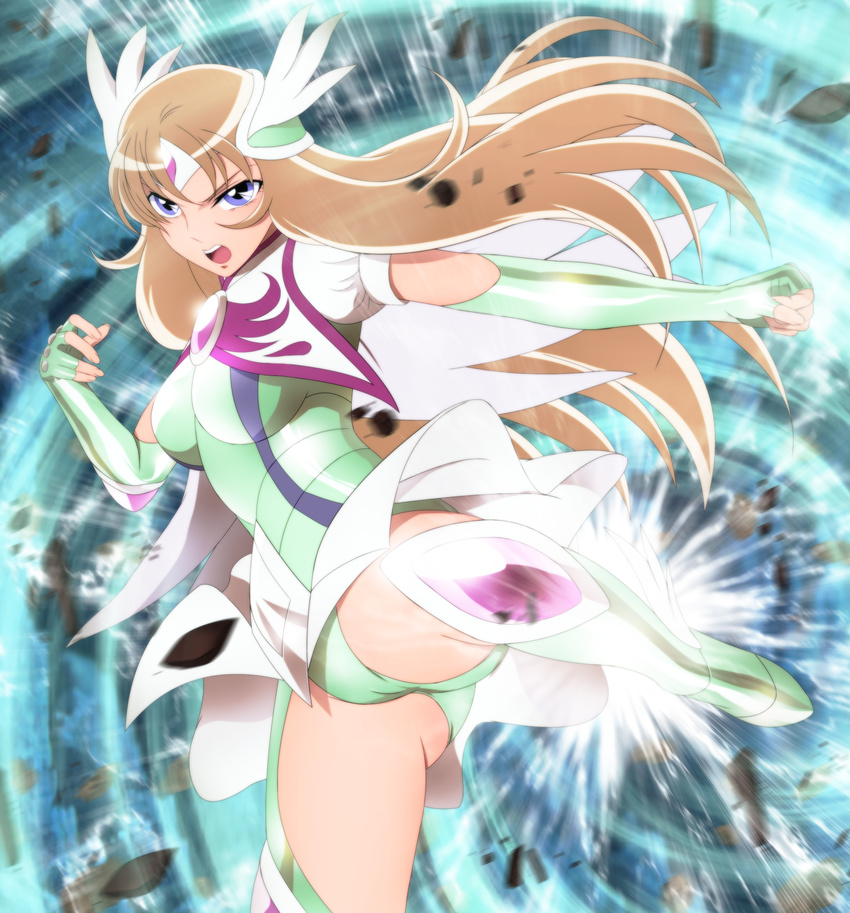 1girl aquila_yuna armor ass blonde_hair blue_eyes breasts brooch cameltoe elbow_gloves fighting_stance floating_hair highres leg_up legs light long_hair looking_at_viewer open_mouth panties pantyshot pantyshot_(standing) saint_seiya saint_seiya_omega serious small_breasts solo standing thighs tiara underwear yadokari_genpachirou