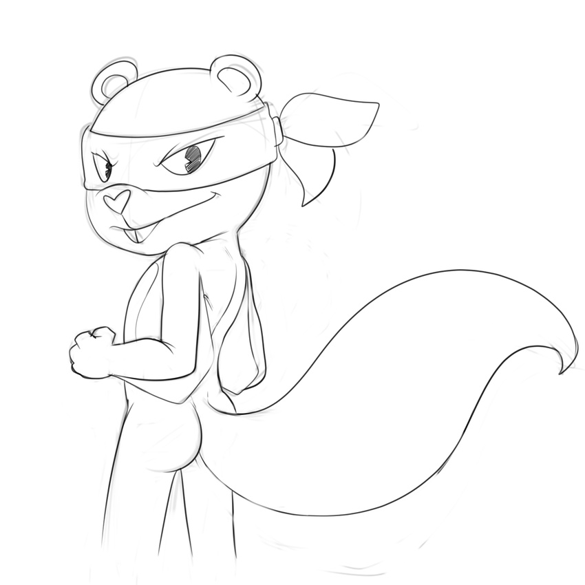 anthro buckteeth butt clothing digital_drawing_(artwork) digital_media_(artwork) flying_squirrel greyscale happy_tree_friends hi_res jerseydevil looking_at_viewer looking_back male mammal mask monochrome nude rear_view rodent simple_background solo splendid squirrel standing teeth undressing