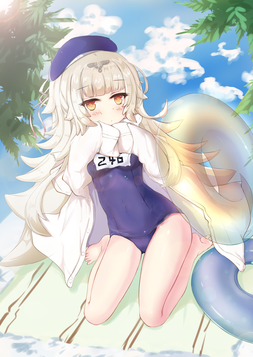 absurdres azur_lane beach blush breasts cloud day hat highres innertube jacket jacket_over_swimsuit long_hair looking_at_viewer mole mole_under_eye one-piece_swimsuit outdoors school_swimsuit seiza sitting sky small_breasts swimsuit towel tree white_hair yellow_eyes yue_(qtxyjiang) z46_(azur_lane)