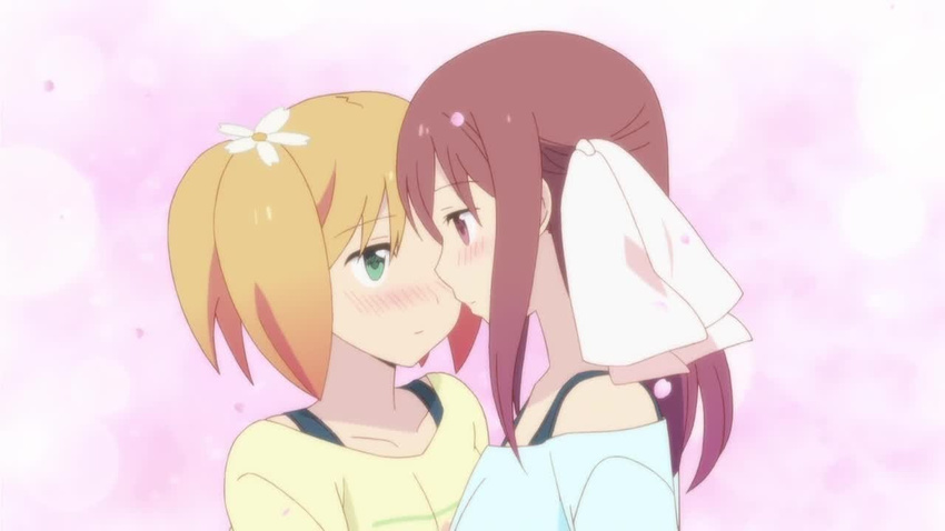 2girls blonde_hair blush couple eye_contact flower green_eyes hair_ornament hairclip incipient_kiss looking_at_another multiple_girls official pigtails pink_eyes pink_hair ribbon sakura_trick screencap simple_background sonoda_yuu takayama_haruka yuri