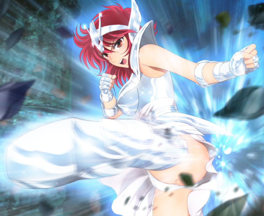 1girl armor breasts clenched_hands equuleus_shoko fighting_stance highres legs light matching_hair/eyes open_mouth panties pantyshot pantyshot_(standing) red_eyes red_hair saint_seiya saint_seiya_saintia_sho serious shiny shiny_armor short_hair shoulder_pads sideboob skirt small_breasts solo standing thighs tiara underwear upskirt white_skirt yadokari_genpachirou