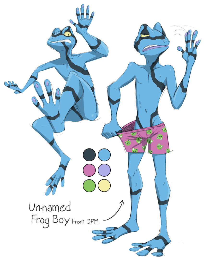 amphibian anthro barefoot boxers_(clothing) clothing color_swatch embarrassed english_text featureless_crotch frog front_view hi_res jumping lock-wolf looking_at_viewer male model_sheet nameless_character nude one_punch_man solo text underwear underwear_pull