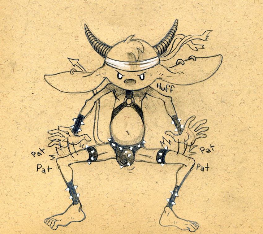 anthro bandanna barefoot big_ears bulge clothing come_at_me_bro crouching fighting_stance frown harness imp looking_at_viewer male monochrome motion_lines not_furry pencil_(artwork) solo sound_effects spade_tail spiked_bracelets spiked_thong spread_legs spreading thong traditional_media_(artwork) tush tush_(character)