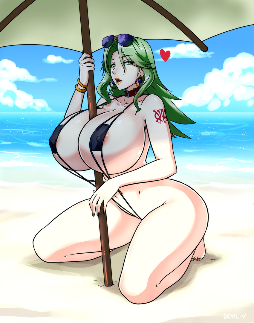 1girl areola_slip areolae artist_name beach between_breasts bikini bracelet breasts choker cloud devil-v earrings green_eyes green_hair heart huge_breasts jewelry kneeling lamia_loveless legs long_hair looking_at_viewer looking_to_the_side naughty_face ocean open_mouth parted_lips sexually_suggestive sky sling_bikini strap_gap sunglasses sunglasses_on_head super_robot_wars super_robot_wars_original_generation swimsuit tattoo thighs umbrella water watermark