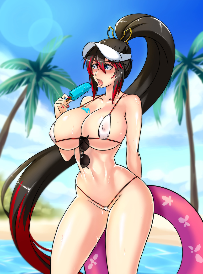 1girl artist_name beach bikini breasts bresats cameltoe cloud devil-v hair_clip huge_breasts innertube legs long_hair looking_to_the_side micro_bikini nanbu_kaguya open_mouth ponytail popsicle sexually_suggestive sky string_bikini sunglasses super_robot_wars super_robot_wars_og_saga_mugen_no_frontier swimsuit thighs tongue very_long_hair visor water white_bikini