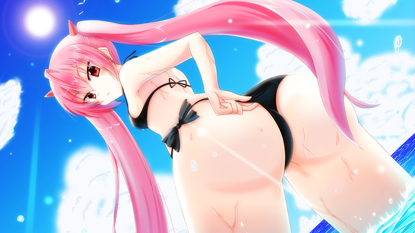 1girl angry artist_request ass bare_shoulders bikini blush breasts from_behind from_below hidan_no_aria horns huge_ass kanzaki_h_aria long_hair looking_at_viewer looking_down pink_eyes pink_hair shiny shiny_hair shiny_skin sideboob sky small_breasts solo swimsuit twintails very_long_hair water wet